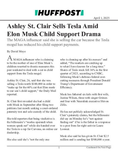 Ashley St. Clair Sells Tesla Amid Elon Musk Child Support Drama